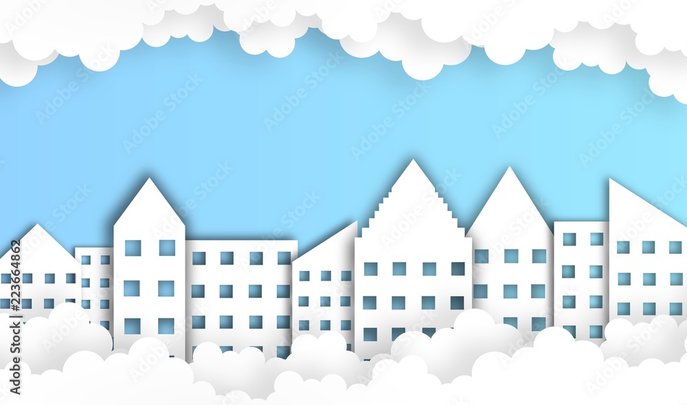 abstract cloud with building background, vector ,illustration, paper art style, copy space for text abstract cloud with building background, vector ,illustration, paper art style, copy space for text
