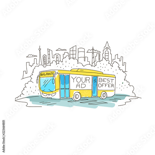 Passenger-carrying coach bus with advertising sketch.