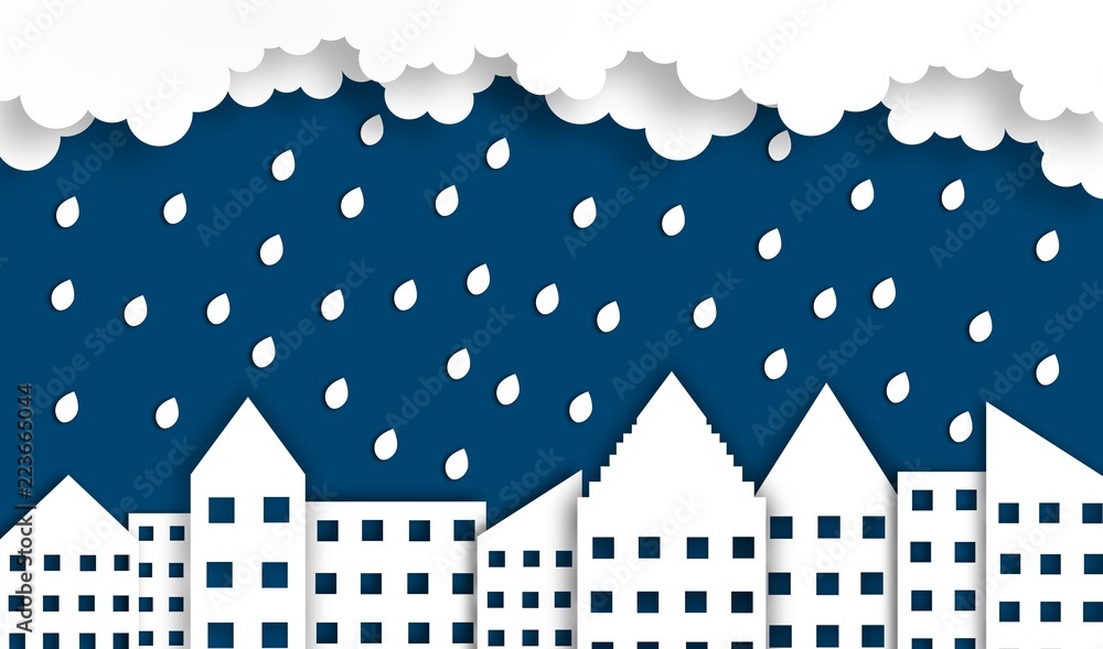 Obraz premium abstract city background with moon in rainy season at night time, vector ,illustration, paper art style, copy space for text