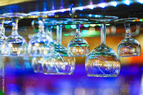 beautiful crystal glasses hanging in the bar