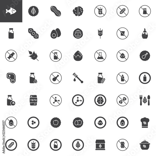 Organic food vector icons set, modern solid symbol collection, filled style pictogram pack. Signs, logo illustration. Set includes icons as Seafood, Walnut, Gluten free, Milk, Soy, Egg, Wheat, Dairy