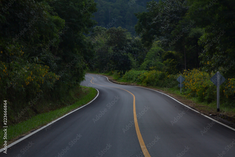 The road to Pai and Mae Hong Son Thailand winds and curves through the mountains.