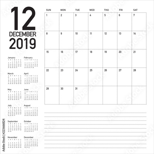 December 2019 desk calendar vector illustration