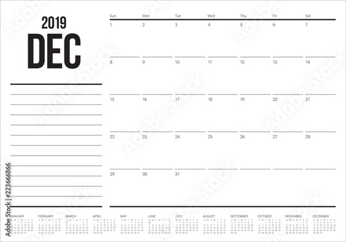 December 2019 desk calendar vector illustration