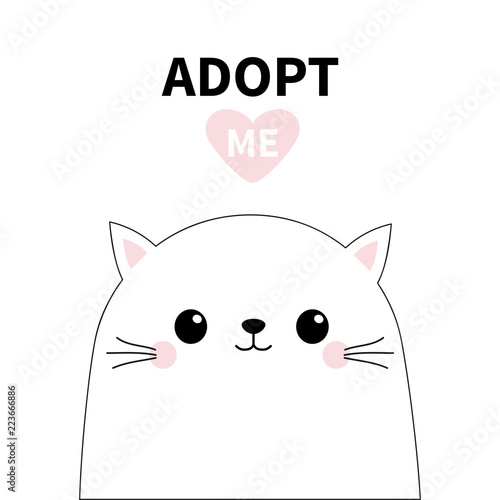 Baby cat head face silhouette. Adopt me. Pink heart. Pet adoption. Kawaii animal. Cute cartoon kitty character. Funny kitten. Help homeless animal Flat design. White background