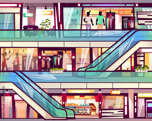 Mall shop with escalator staircase vector illustration. Menswear and womenswear fashion clothes boutique shop with a sale and grocery store display windows on cartoon interior background