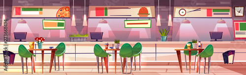 Food court in mall shop vector illustration of cafe interior. Sushi, pizza and fast food burgers cafeteria in trade store with tables and chairs at counters
