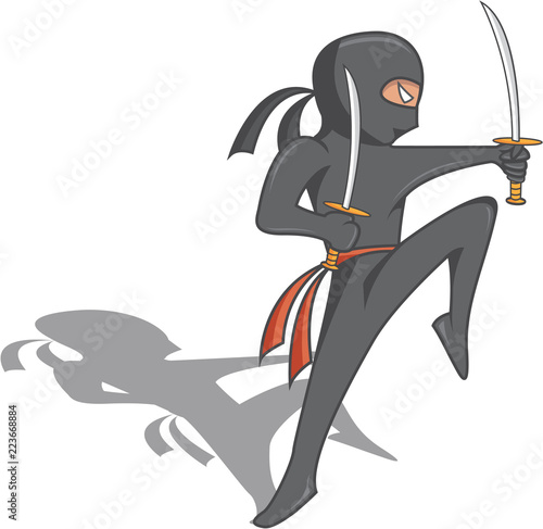 Ninja cartoon character. Ninja in black mask's clothes. Flat style vector illustration.