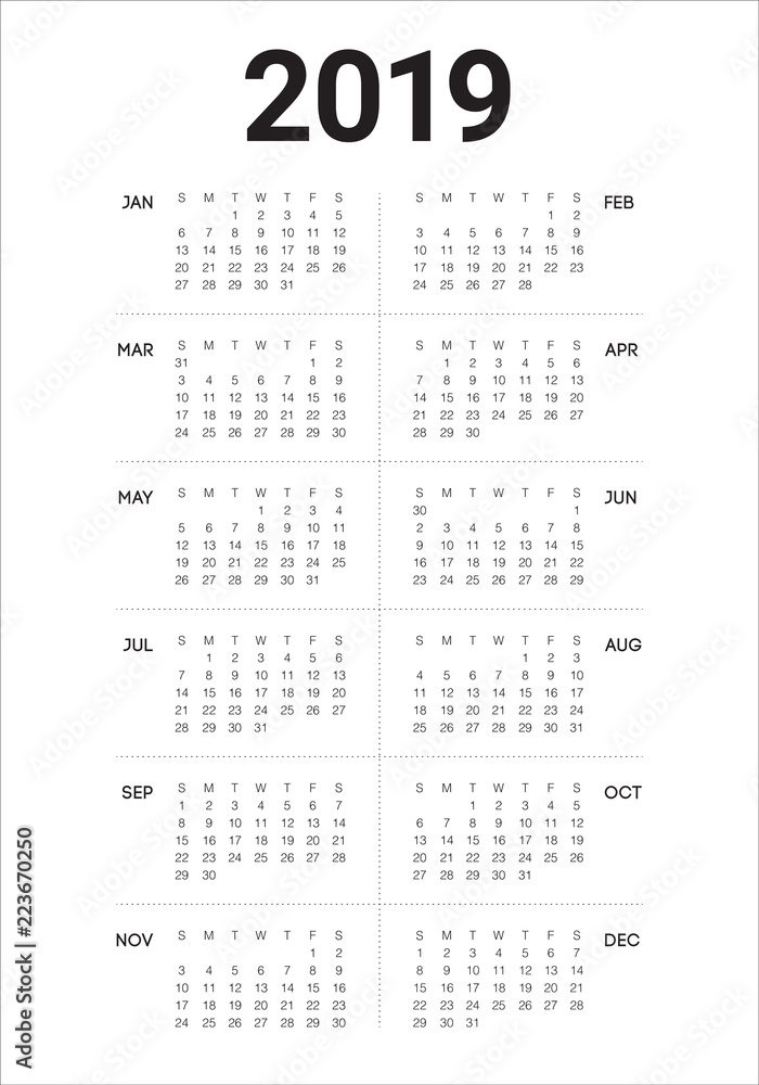 Year 2019 calendar vector design template Year 2019 calendar vector design template