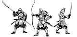 Group of samurai warriors. Hand drawn illustration.Vector set of black figures on a white background.