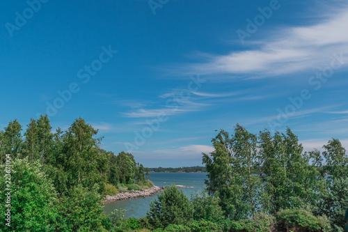 Landscape of Helsinki, Finland. View from an island over the city. Scandinavian landscape. Finnish harbour