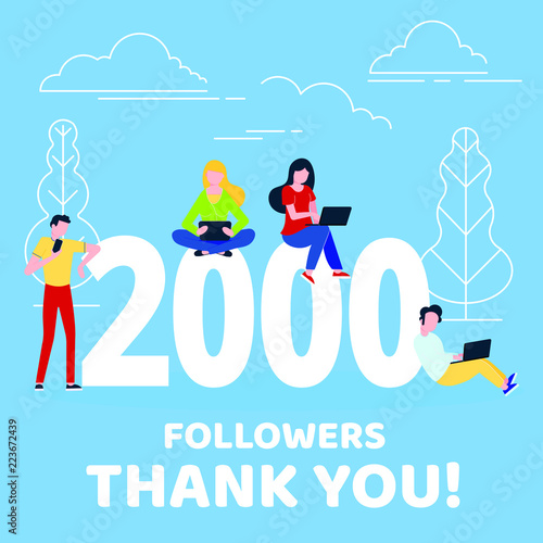 Thank you 2000 followers numbers postcard. People man, woman big numbers flat style design 2k thanks vector illustration isolated on confetti background. Template for internet media and social network