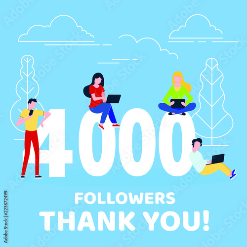 Thank you 4000 followers numbers postcard. People man, woman big numbers flat style design 4k thanks vector illustration isolated on confetti background. Template for internet media and social network
