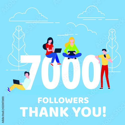 Thank you 7000 followers numbers postcard. People man, woman big numbers flat style design 7k thanks vector illustration isolated on confetti background. Template for internet media and social network