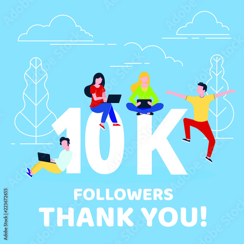 Thank you 10000 followers numbers postcard. People man, woman big numbers flat style design 10k thanks vector illustration isolated on confetti background template for internet media and social networ