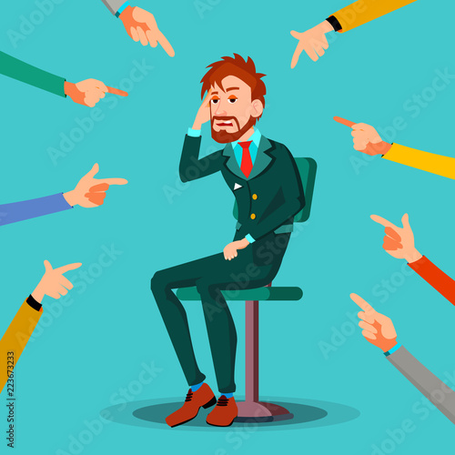 Victim Businessman Vector. Quilt Accusation. Frustrated Employee. A Lot Of Hands With Pointing Fingers. Illustration