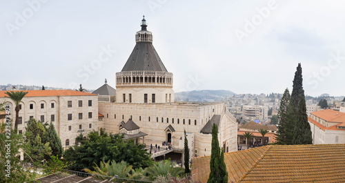 Large panoramic view of Greek Orthodox Church of the Annunciation, also known as the Church of St. Gabriel. Nazareth, Israel.