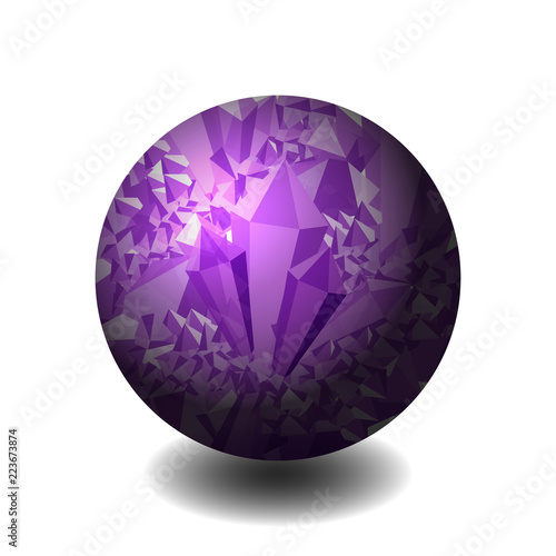 Amethyst. Ball of stone. Precious stone, gemstone, mineral. Cluster crystal. Texture of layers and facets of stone. Geology mining science jewelry background
