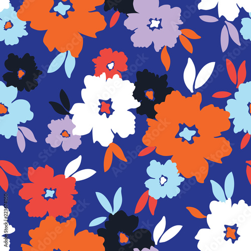 Bold graphic large scale blooms on blue background vector seamless pattern