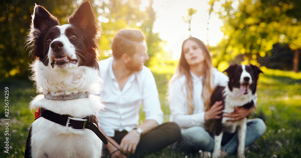 Romantic happy couple in love enjoying their time with pets in nature Romantic happy couple in love enjoying their time with pets in nature