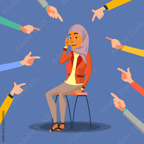 Victim Arab, Saudi Woman Vector. In Shame. Blame In Society. Surrounded By Hands With Index Fingers. Illustration