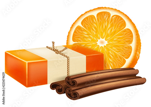 Natural handmade soap with orange and cinnamon sticks. Vector illustration.