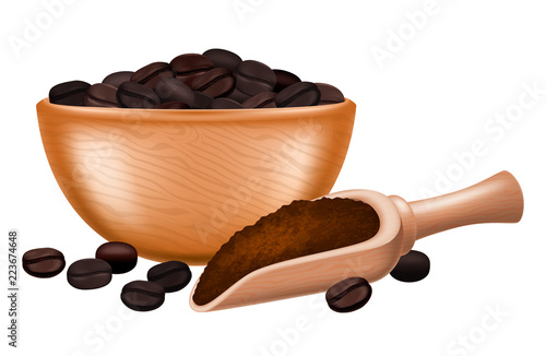 Wooden bowl of roasted coffee beans and a wooden spoon full of ground coffee. Vector illustration.