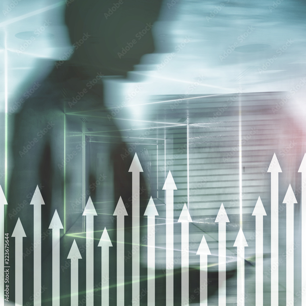Up arrow graph on skyscraper background. Invesment and financial growth concept. Up arrow graph on skyscraper background. Invesment and financial growth concept.