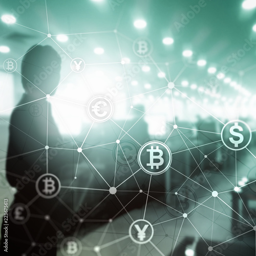 Double exposure Bitcoin and blockchain concept. Digital economy and currency trading.