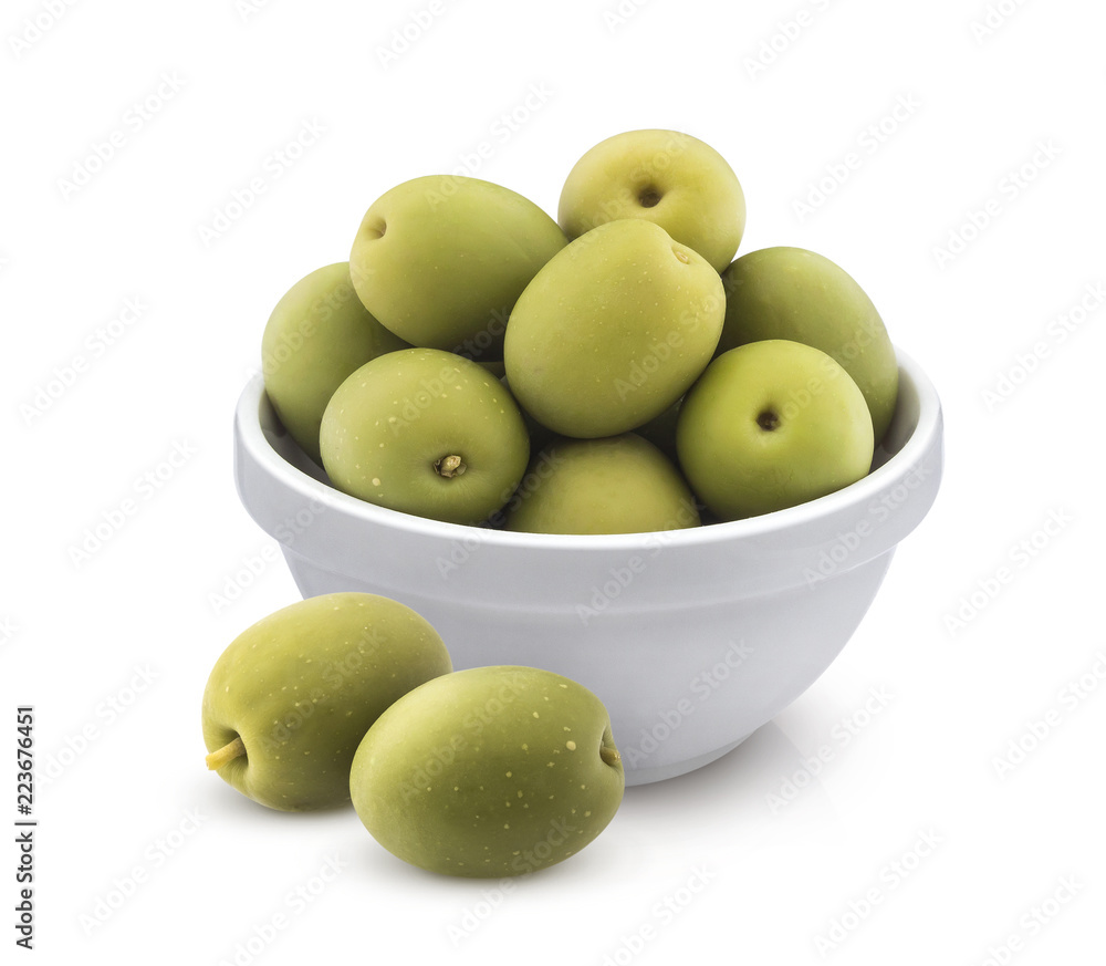Green olives in bowl isolated on white background with clipping path Green olives in bowl isolated on white background with clipping path
