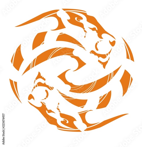 Fototapeta Naklejka Na Ścianę i Meble -  Orange ethnic lion circle symbol. Design of a tattoo or emblem the rotated lions in the form of the sphere in tribal style. Orange on white