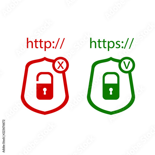 Vector Icons: http and https Protocols with Lock, Check and Cross: Red and Green Colors.