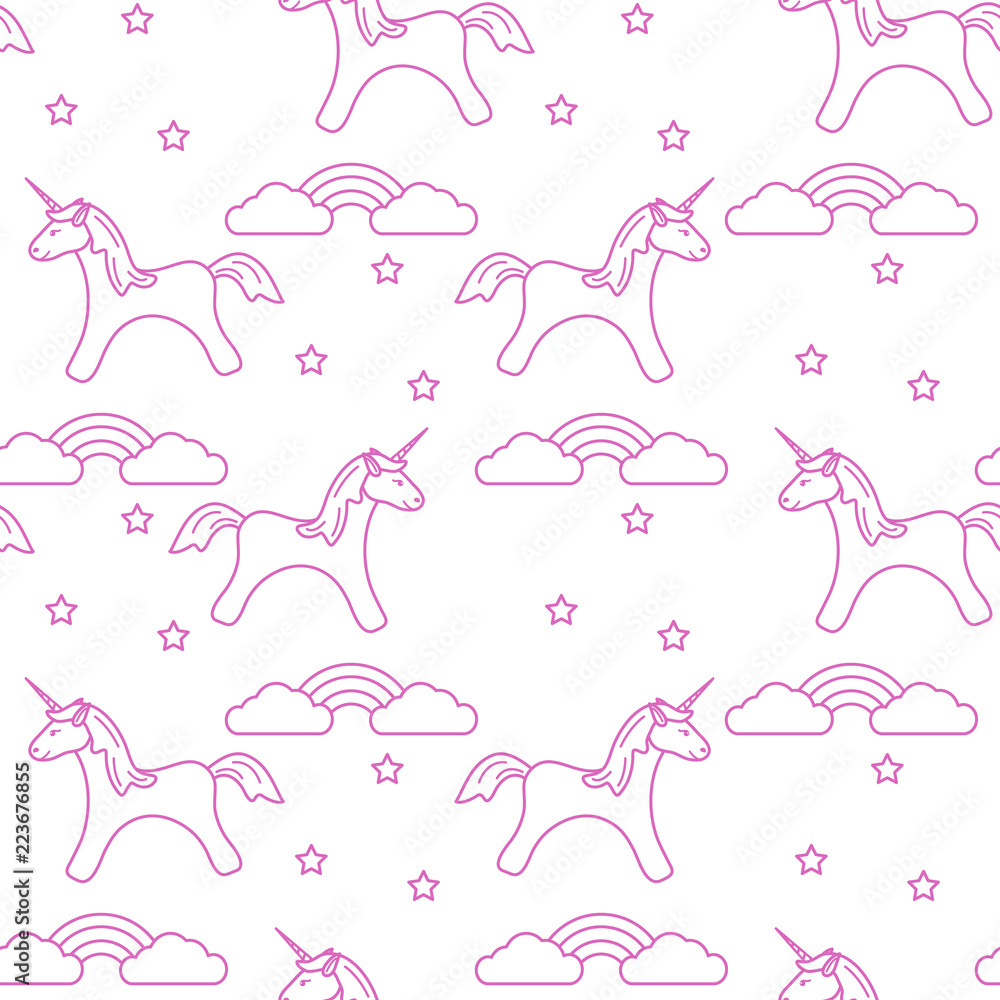 Pattern with magic unicorn, stars, clouds, rainbow Pattern with magic unicorn, stars, clouds, rainbow