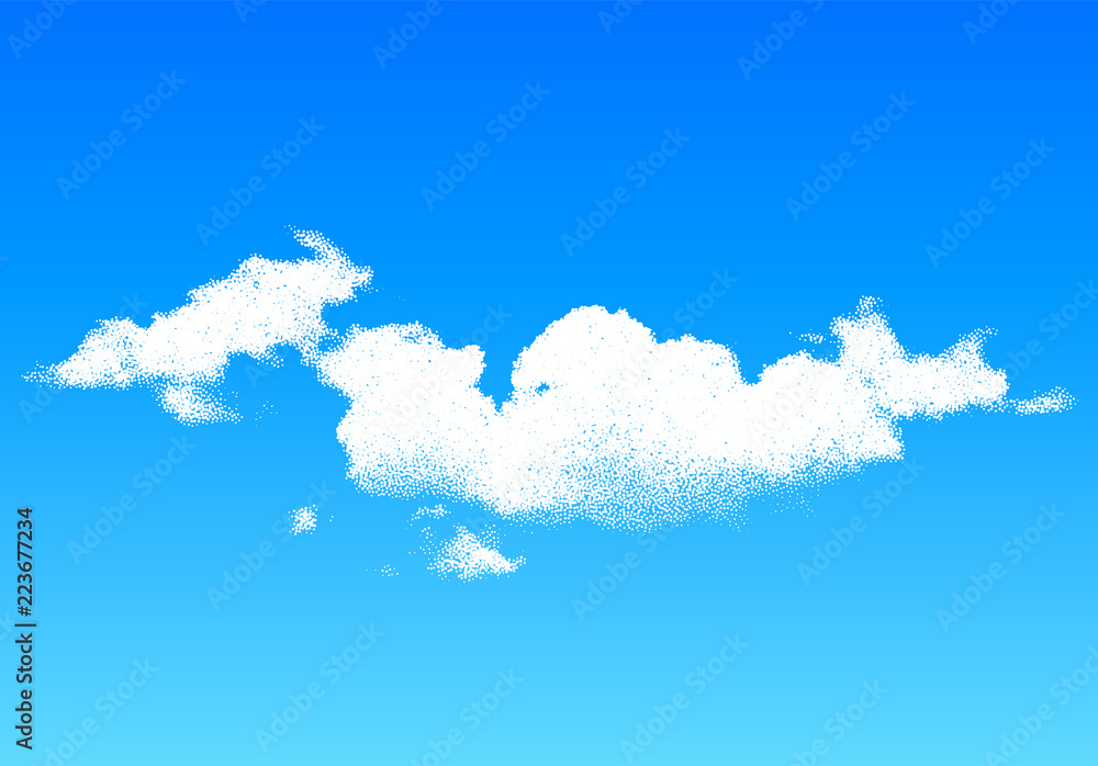 Cloud made of scattered dots in the blue sky, realistic dotwork illustration