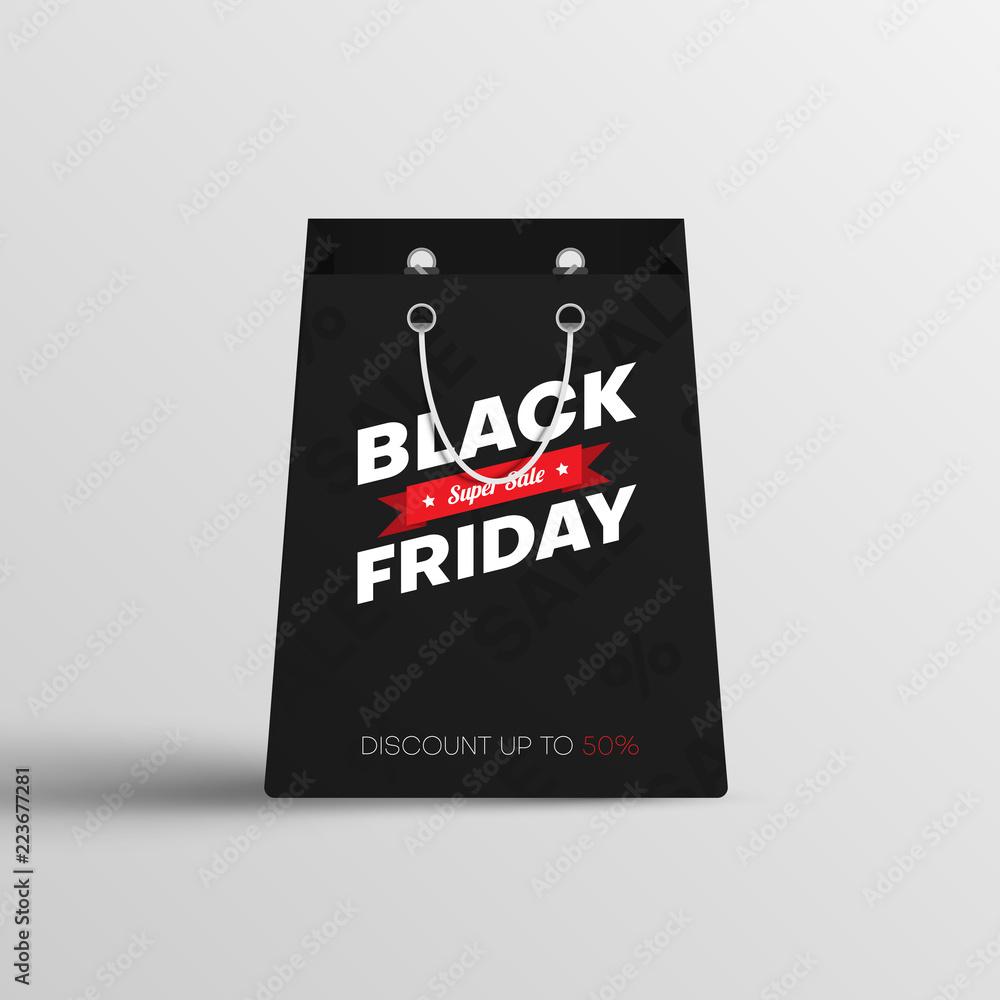 Black friday super sale poster with shopping bag.