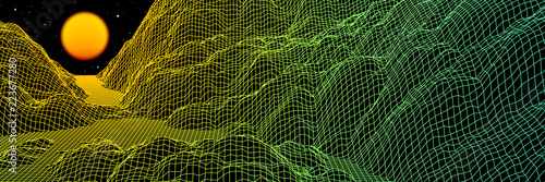 Neon grid landscape and sun with 80s arcade game style