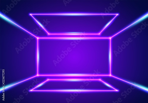 Bright neon lines interior background with ultraviolet 80s styled laser rays.