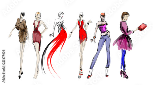 Sketch. Fashion Girls on a white background. Vector illustration.