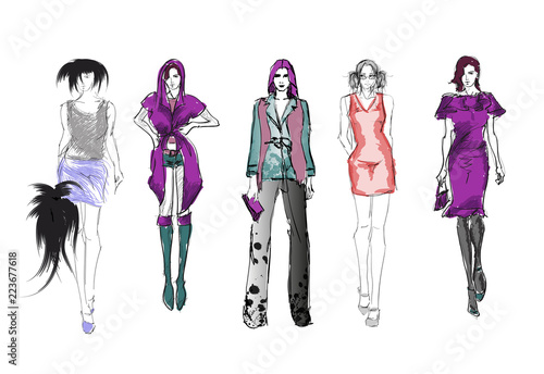 Sketch. Fashion Girls on a white background. Vector illustration