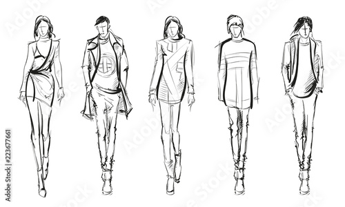 Sketch. Fashion Girls on a white background. Vector illustration