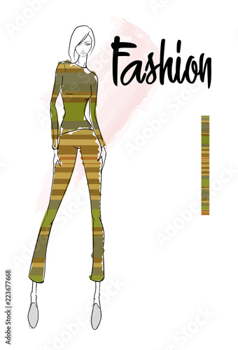 Fashion girl Sketch. Stylish fashion model. Pretty young girl.