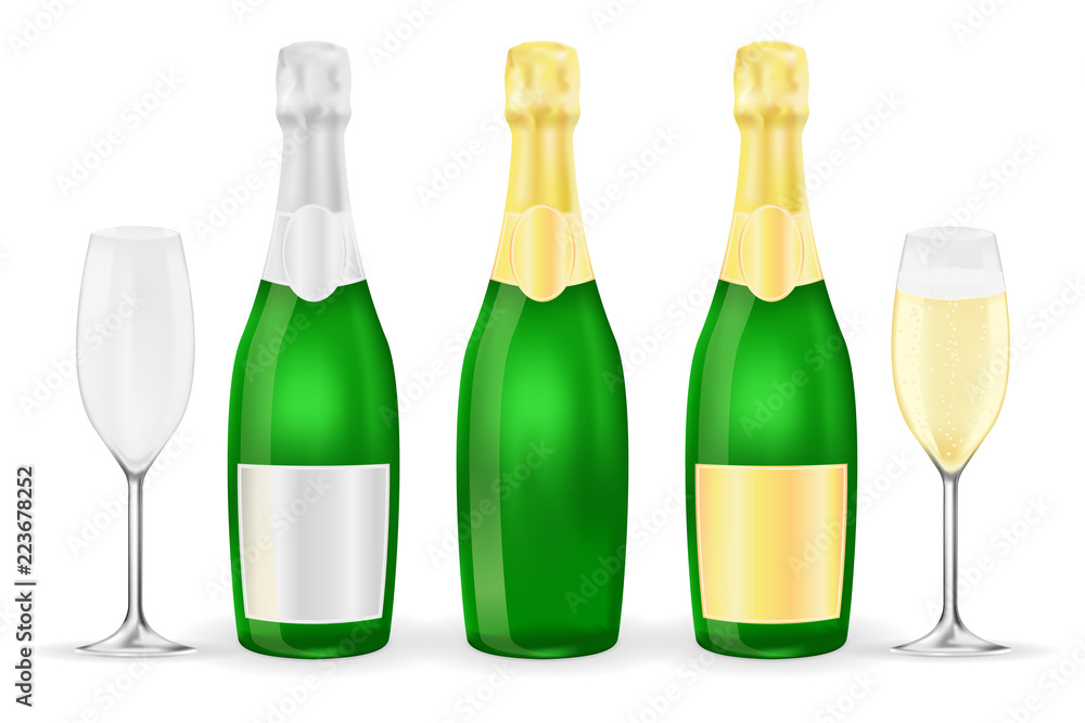 Bottles and glasses of sparkling wine or champagne Bottles and glasses of sparkling wine or champagne
