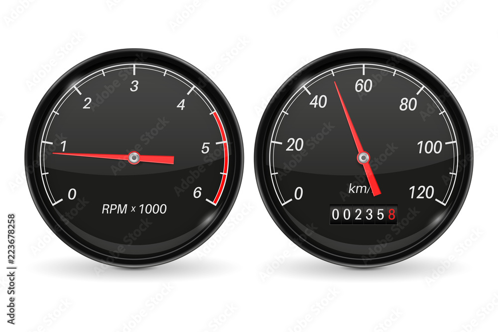 Speedometer and tachometer. Black car dashboard gauges Speedometer and tachometer. Black car dashboard gauges