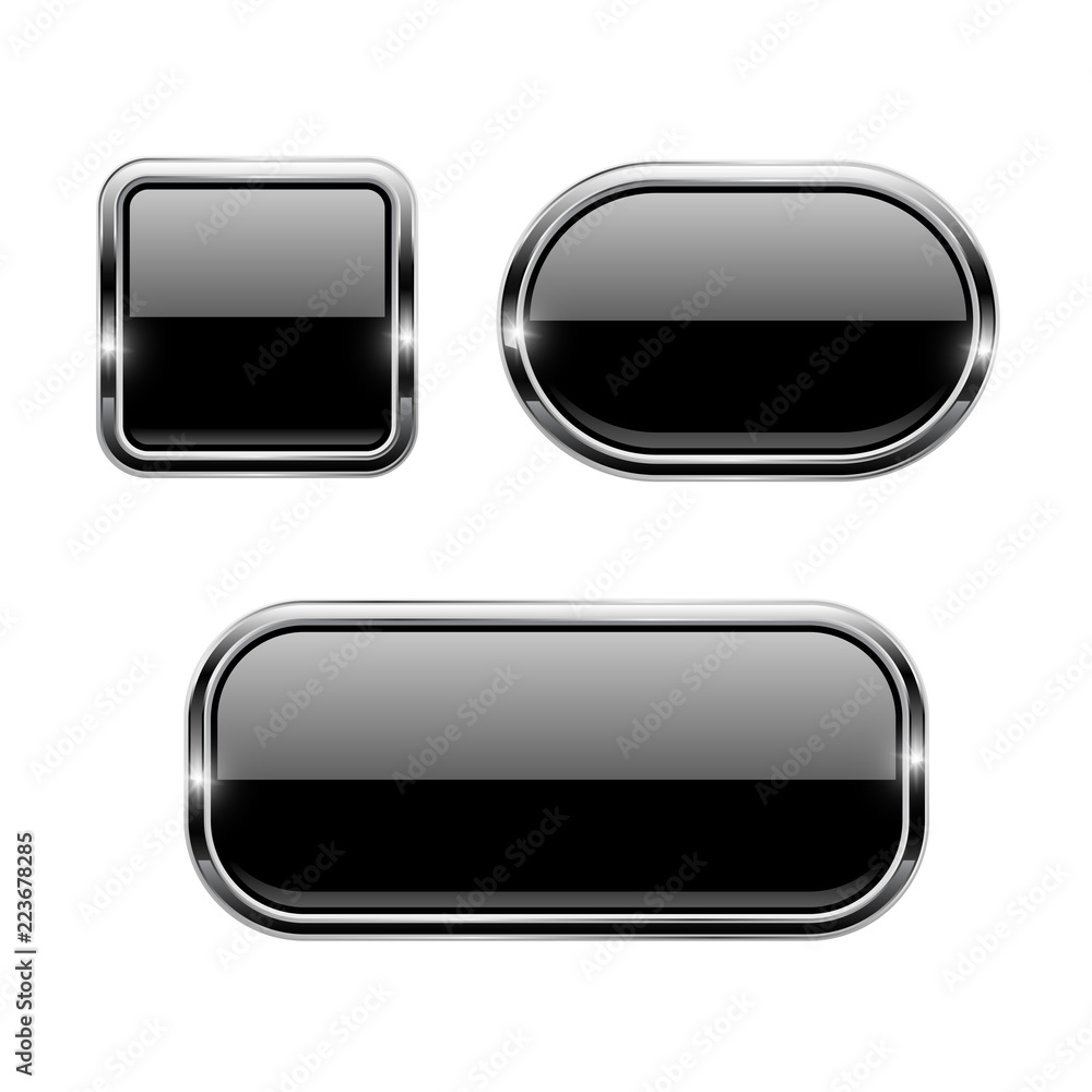 Black glass buttons with chrome frame. 3d icons Black glass buttons with chrome frame. 3d icons