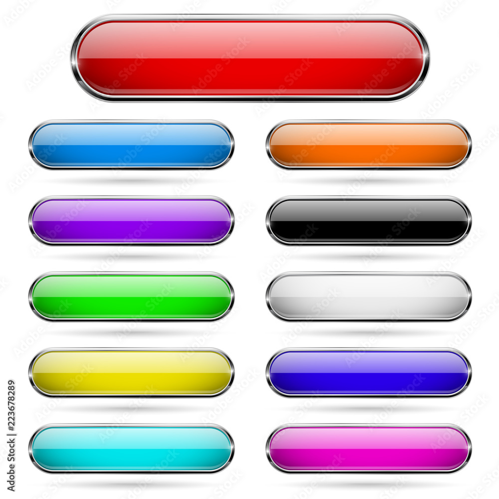 Colored glass 3d buttons with chrome frame. Oval icons Colored glass 3d buttons with chrome frame. Oval icons