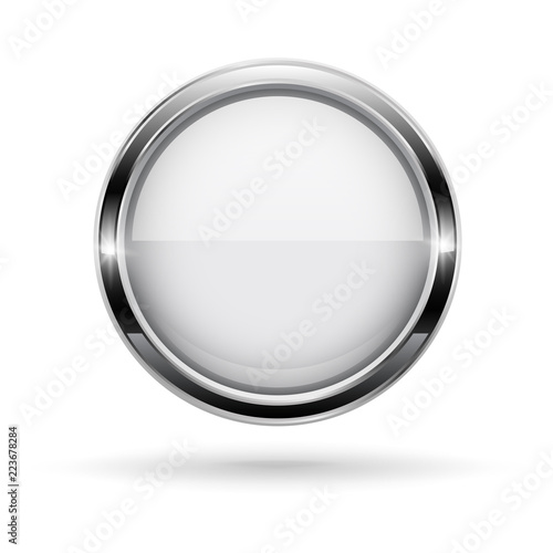 Free Download White button with chrome frame. Round glass shiny 3d icon - GFXLoad