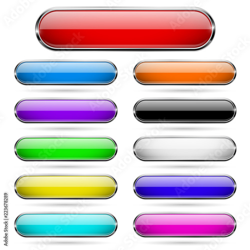 Colored glass 3d buttons with chrome frame. Oval icons