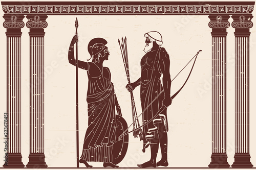 The hero of the ancient Greek myths Athena Pallada and Odysseus. Warriors with a weapon in the temple between the columns.