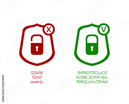Vector Password Management Icons, Weak and Strong Passwords, Green and Red Signs.