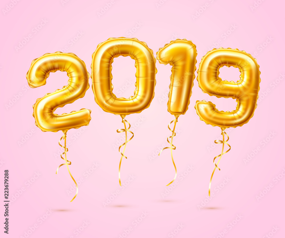 Realistic 2019 golden air balloons new year vector Realistic 2019 golden air balloons new year vector